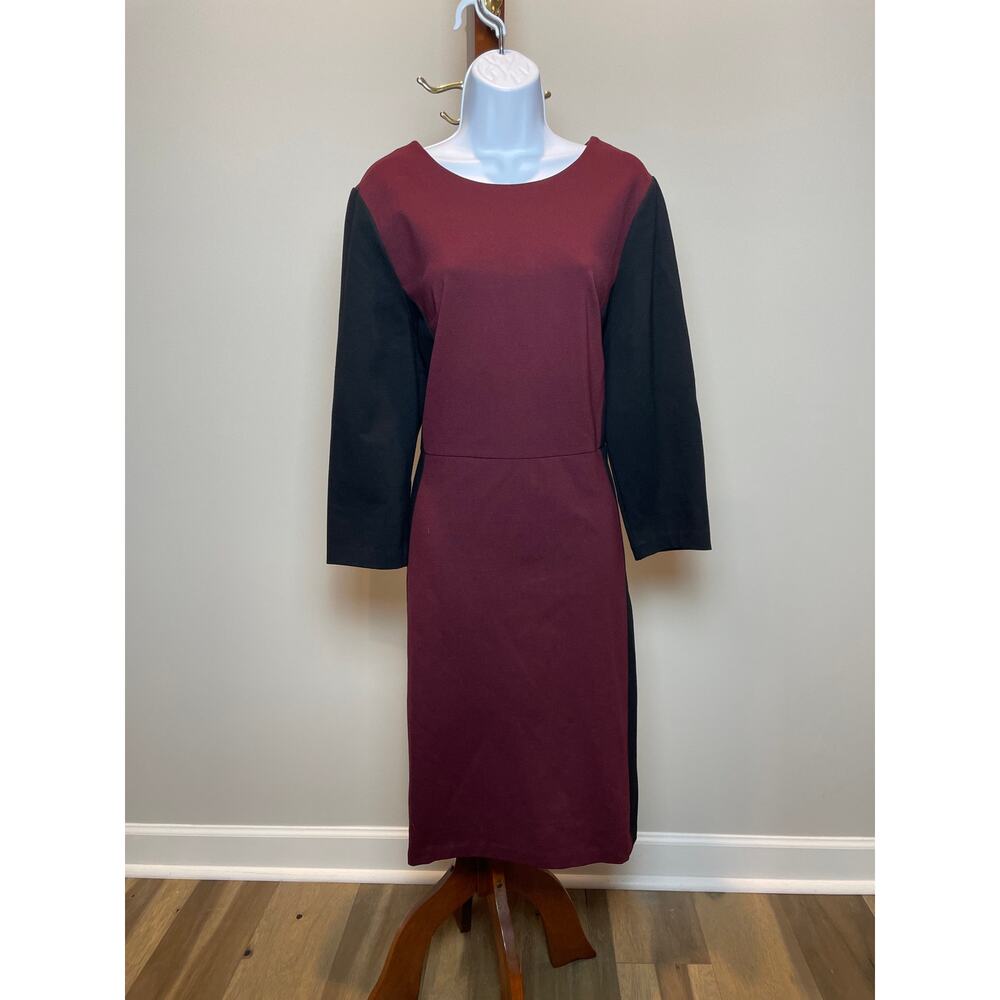 Talbots Dress Size 16 Burgundy Black Colorblock Sheath 3/4 Sleeve Stretch
